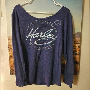 Harley Davidson Purple Distressed Off Shoulder Long Sleeve Top